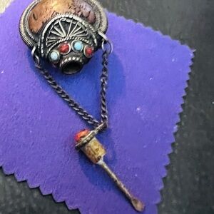 Vintage Ethnic Copper snuff Box or Necklace with Red and Turquoise Accents.